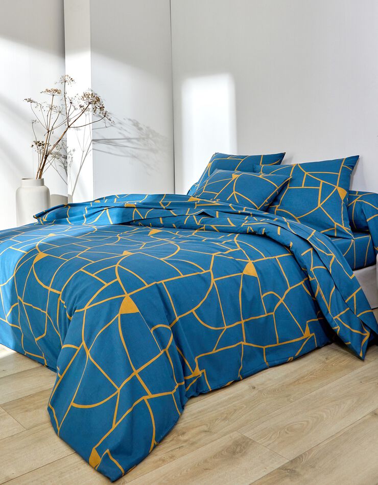 Linge de lit Geoffroy en coton à motifs graphiques (bleu paon)