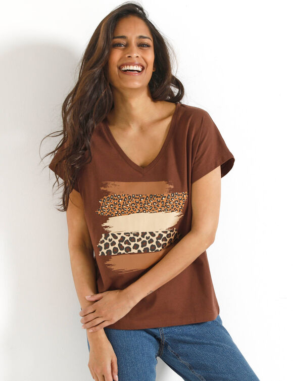 T-shirt col V imprim&eacute; l&eacute;opard dor&eacute;, coton (chocolade / hazelnootbruin)