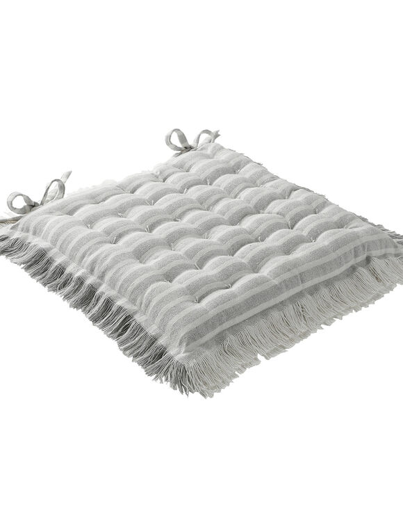 Vierkant, gestreept stoelkussentje met franjes - set van 2 (parelgrijs)