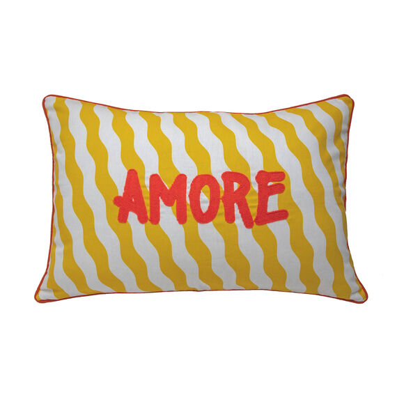 Coussin rectangulaire brod&eacute; Amore (jaune / blanc)