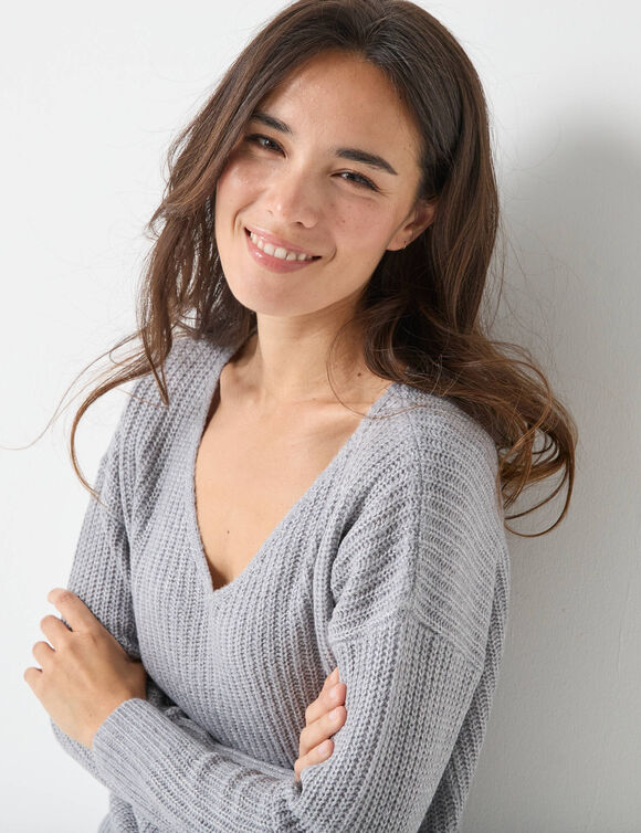 Pull loose col V, maille anglaise toucher doux (gris chiné)