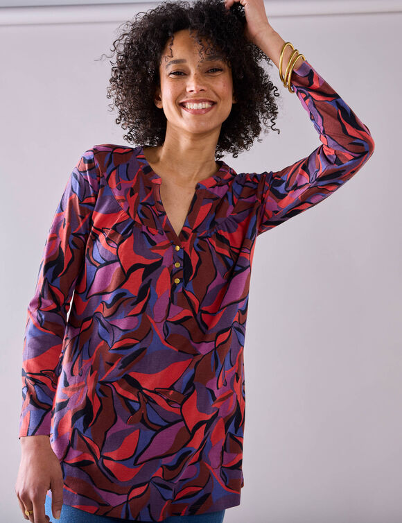 Tunique col boutonn&eacute; imprim&eacute; floral (rouge / violet)