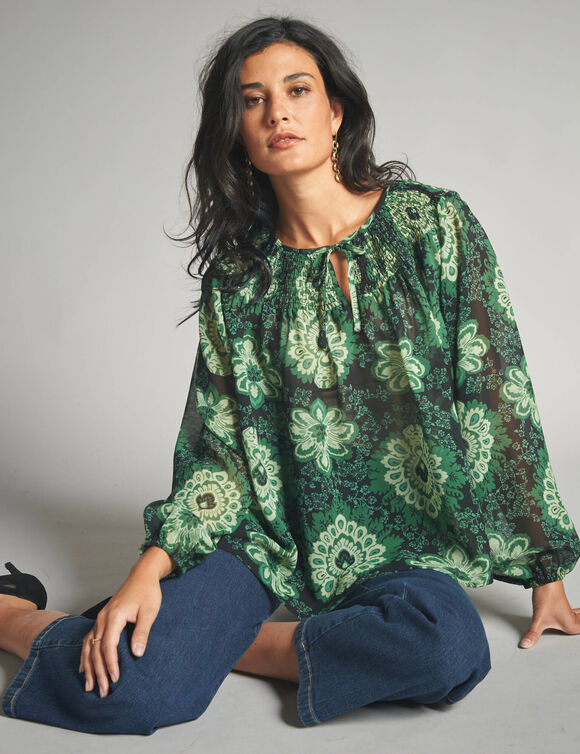 Blouse en voile, imprimée (noir / vert)
