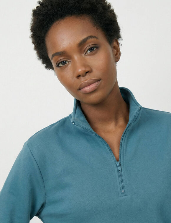 Sweat col montant zipp&eacute;, manches longues, maille milano (bleu)