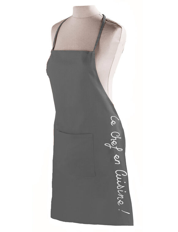 Tablier bavette uni, brod&eacute; "Le chef en cuisine" (anthracite)
