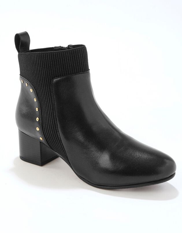 Boots cloutées élastiquées en cuir à talon femme - noir, noir, hi-res