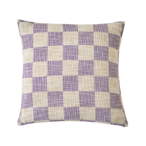 Coussin imprim&eacute; damier textur&eacute; (&eacute;cru / parme)