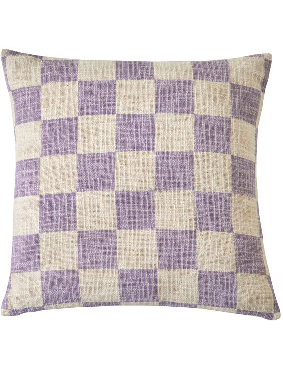 Coussin imprim&eacute; damier textur&eacute; (&eacute;cru / parme)