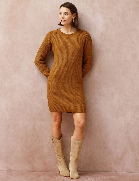 Robe-pull chinée manches longues, épaule boutonnée (havane chiné)