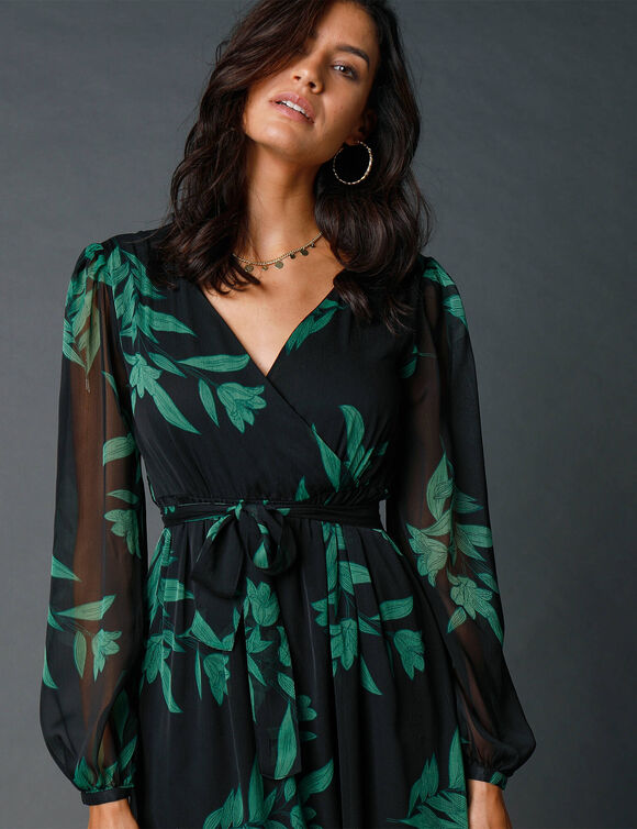 Robe longue volant, voile imprimé (noir / émeraude)