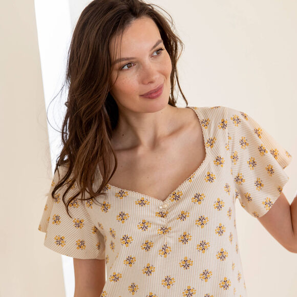 Chemise de nuit courte manches papillon, imprim&eacute; fleuri (&eacute;cru / miel)