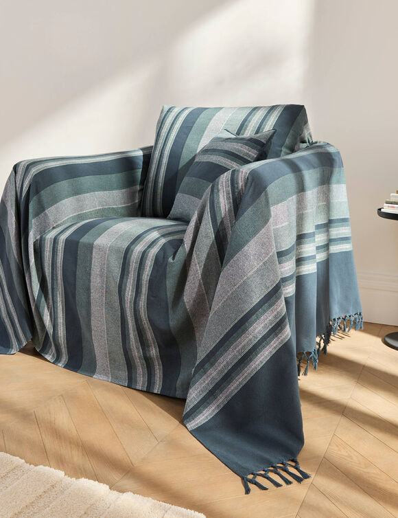 Plaid jet&eacute; multicolore coton tissage artisanal (bleu marine)