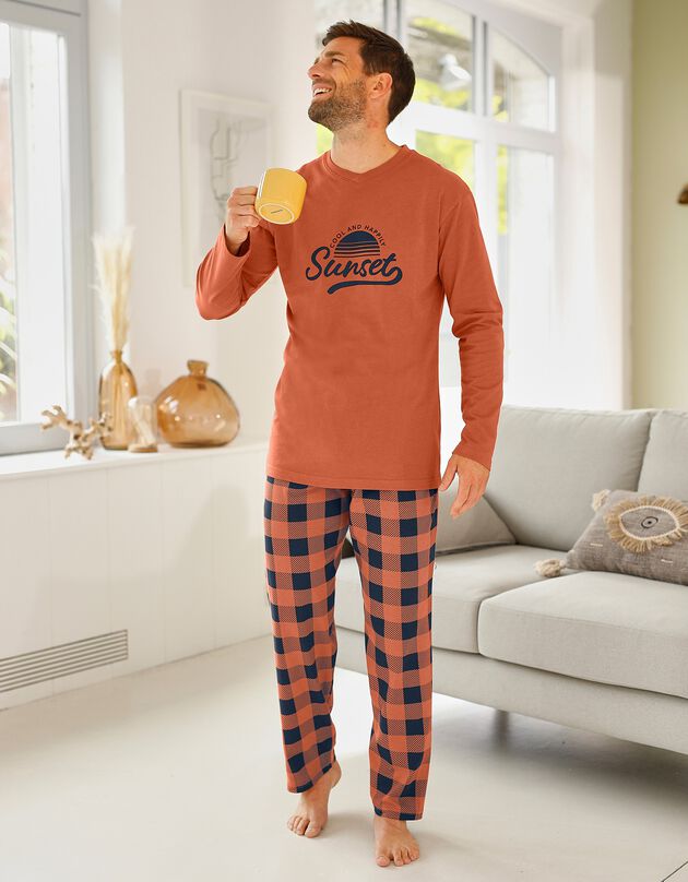 Geruite pyjama in katoen met lange mouwen (abrikoos)