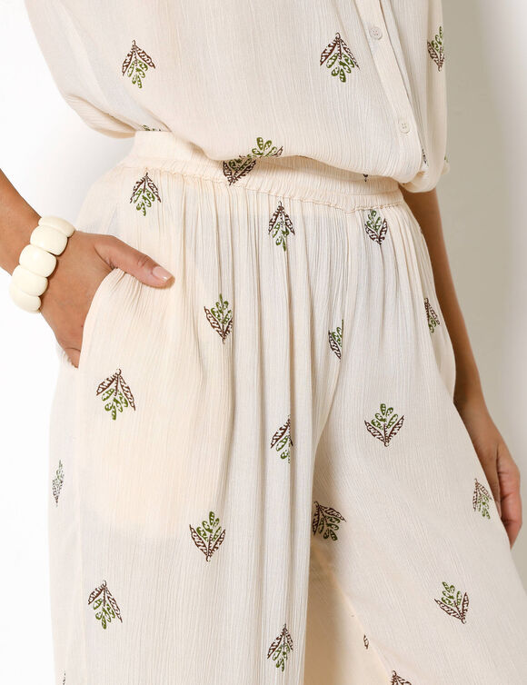 Pantalon large taille &eacute;lastiqu&eacute;e imprim&eacute; minimaliste, cr&eacute;pon fluide (&eacute;cru / vert)