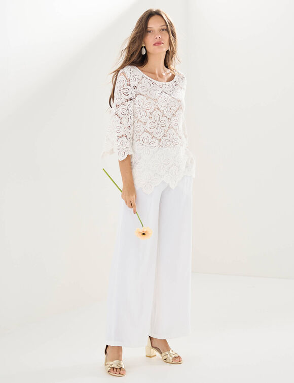 Pantalon large taille haute &agrave; enfiler, cr&ecirc;pe fluide (blanc)