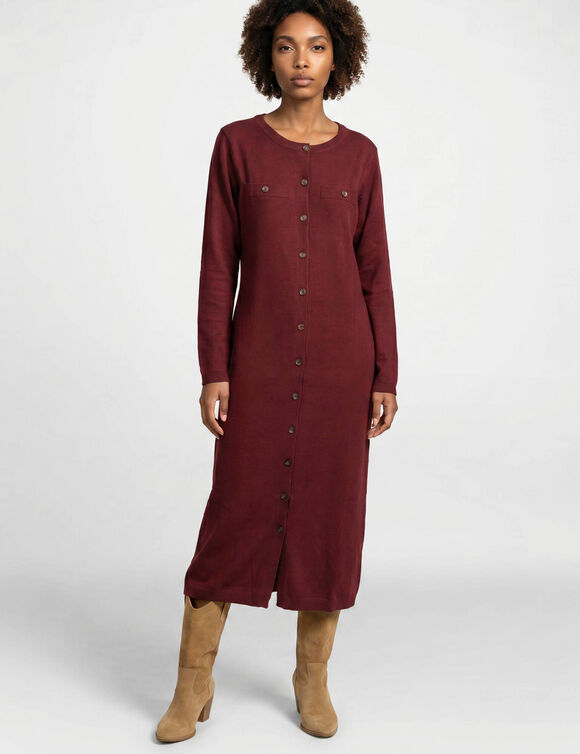 Robe pull longue boutonn&eacute;e, manches longues (bordeaux)