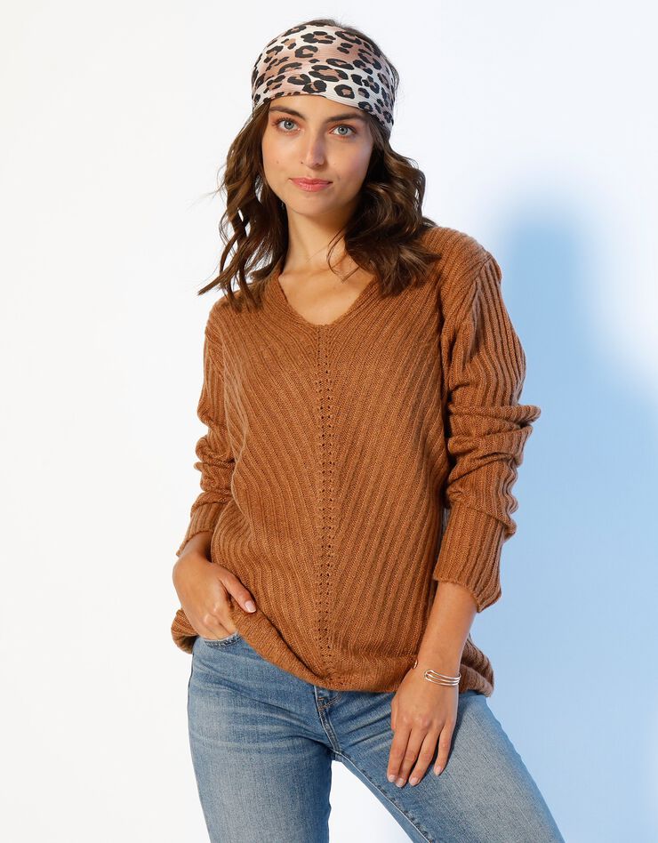 Trui met V-hals in ribtricot, karamel Trui met V-hals in ribtricot, karamel, hi-res image number 5