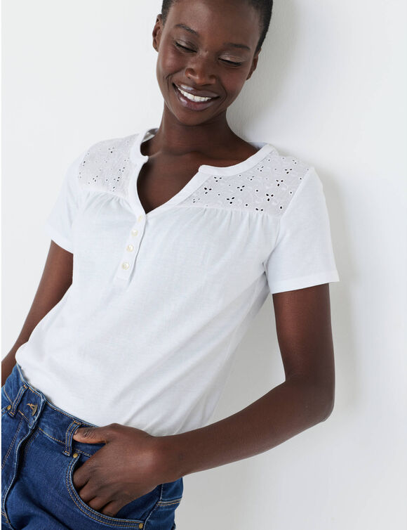 T-shirt met Tunesische hals en korte mouwen, broderie anglaise (wit)