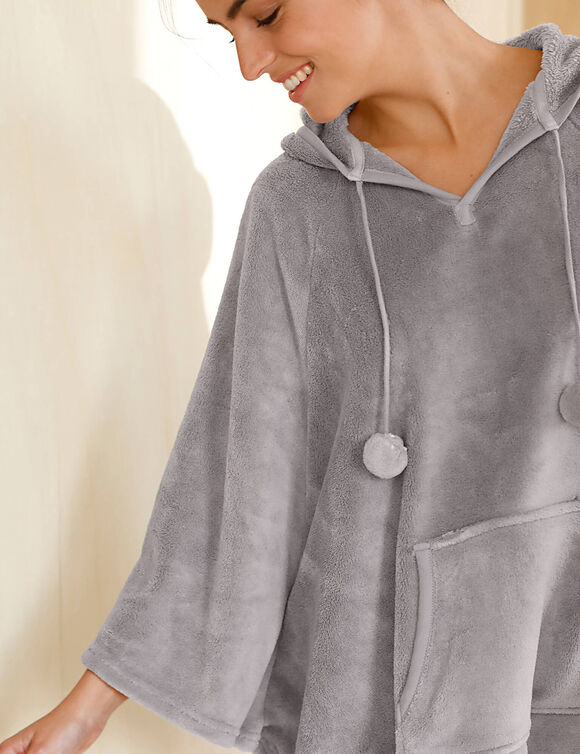 Poncho à capuche, maille polaire toucher peluche (gris)