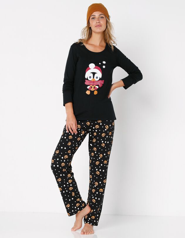 Pyjama met 'pinguïn' print en bijpassend tasje (zwart)