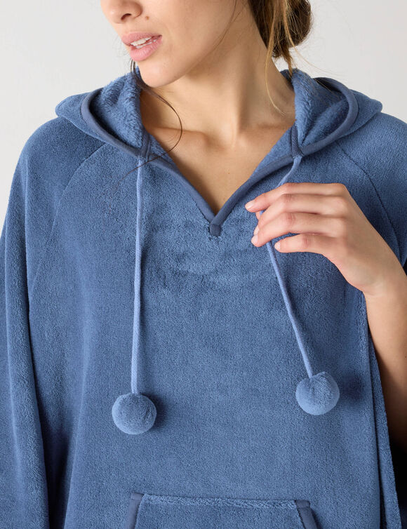 Poncho &agrave; capuche, maille polaire toucher peluche (bleu)