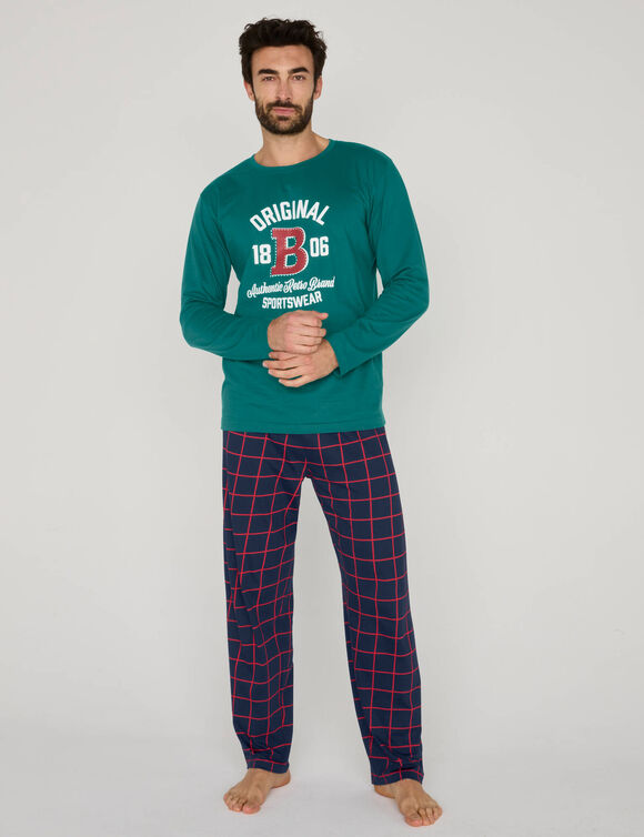 T-shirt pyjama motif plac&eacute; manches longues (vert)