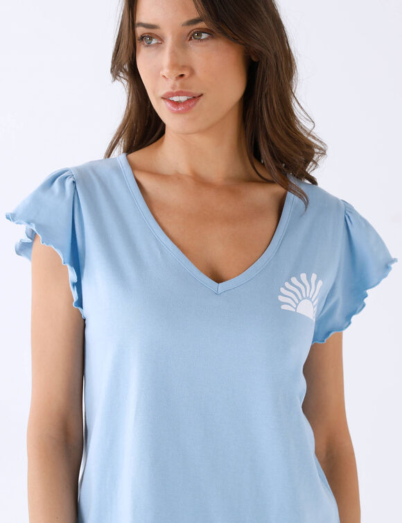 Pyjama pantacourt motif soleil et imprim&eacute; ray&eacute; (bleu ciel)