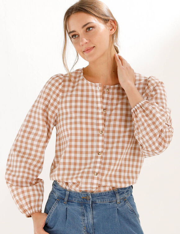 Chemisier col rond &agrave; carreaux, manches longues blousantes (noisette / &eacute;cru)