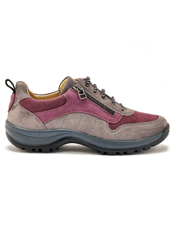Wandelsneakers met rits en veters, breed model in leer (grijs / roze)