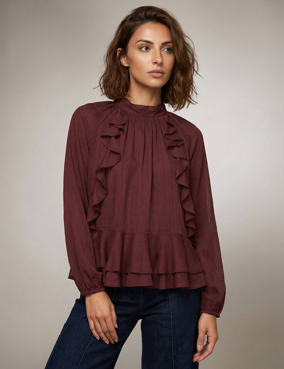 Blouse volant&eacute;e, manches longues blousantes, voile (bordeaux)