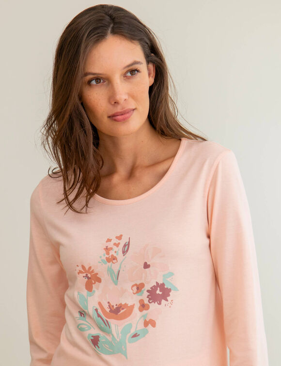 Pyjama en coton motif plac&eacute; fleurs manches longues  (rose p&acirc;le)