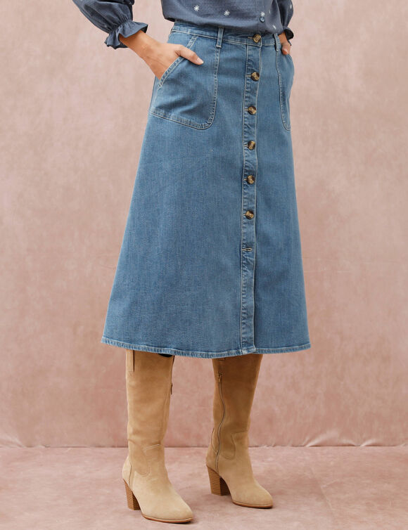 Jupe longue &eacute;vas&eacute;e boutonn&eacute;e devant, denim stretch (bleached)