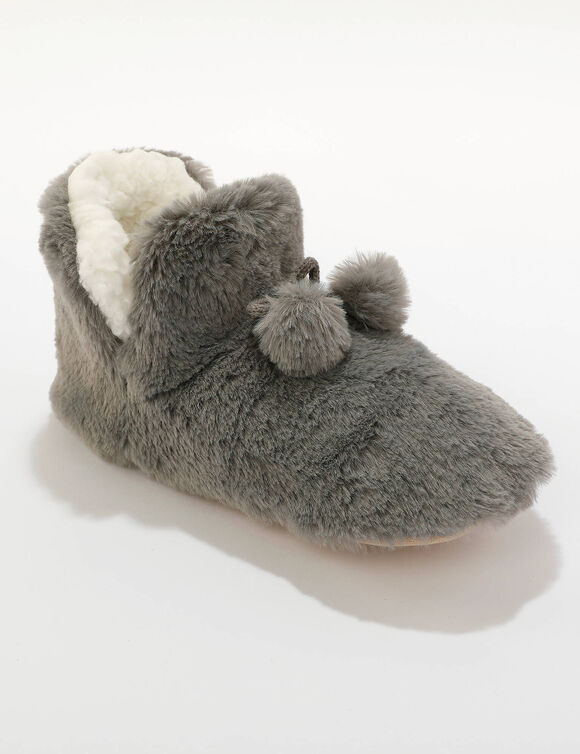 Chaussons forme botillon avec pompons effet fausse fourrure (gris)