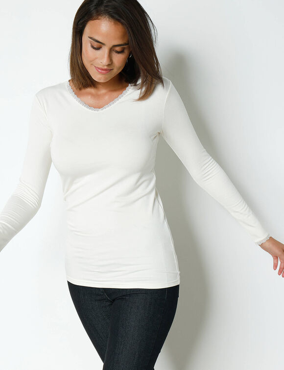 Tee-shirt manches longues chaleur seconde peau et détails dentelle (ivoire)