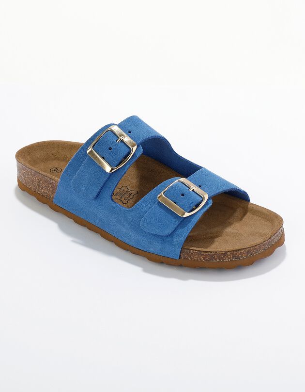 Muiltjes in splitleer, 2 verstelbare gespen (blauw)