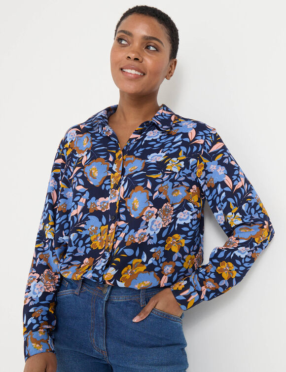 Bloes met knoopsluiting met bloemenprint, gerecycleerd polyester(**) (blauw / kerrie)
