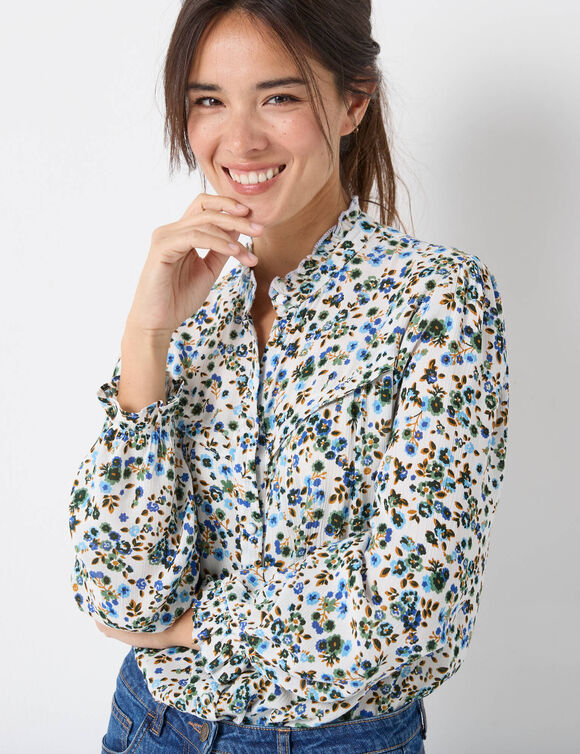 Chemisier volanté imprimé, crépon (écru / bleu)