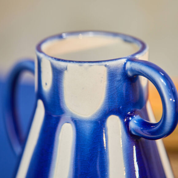 Vaas in aardewerk, gekleurde strepen, 2 handvatten  (blauw/wit)