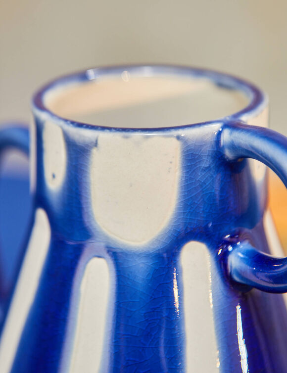 Vase grès rayures colorées 2 anses (bleu / blanc)