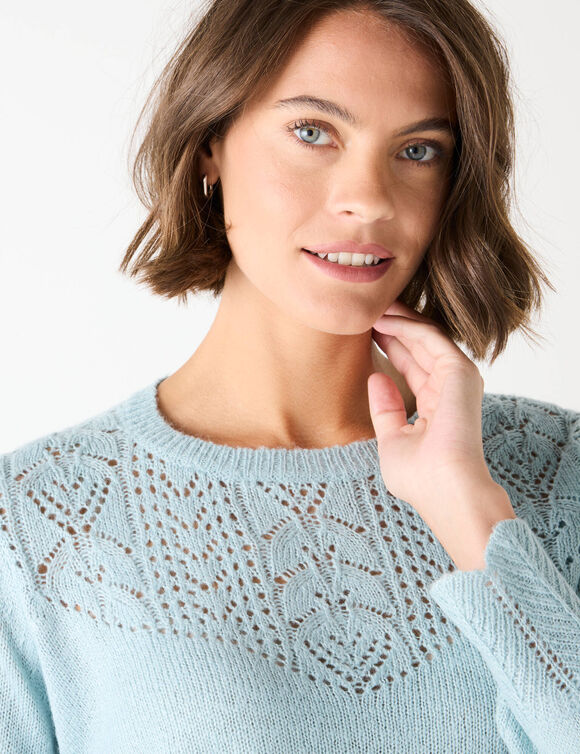 Pull col rond maille ajourée, toucher doux (vert d'eau)