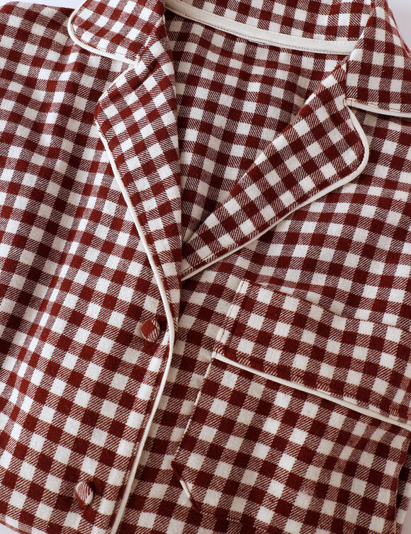 Pyjama pantalon boutonné manches longues, en flanelle motif vichy tissé teint (chocolat / écru)