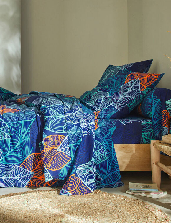 Bedlinnen Elsa in polykatoen met bladerenmotief (blauw)