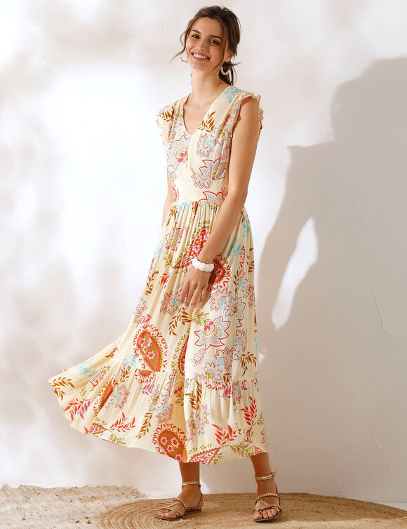 Robe longue imprimée, sans manches (vanille)