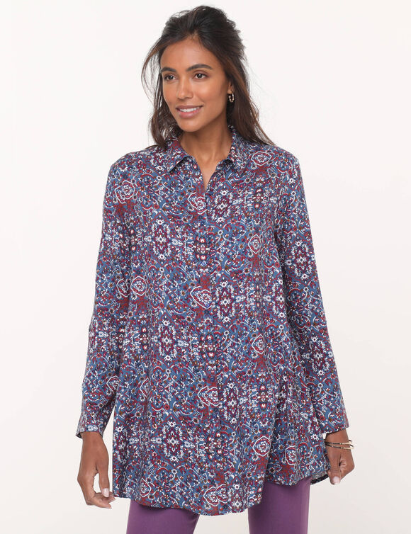 Tunique longue col chemise, imprimé cachemire (bleu jean)