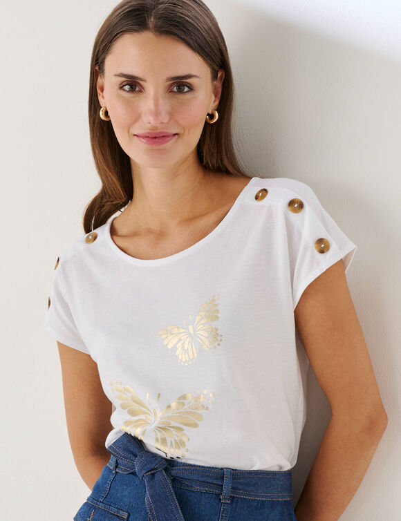 T-shirt col rond imprim&eacute; papillon dor&eacute; (blanc)