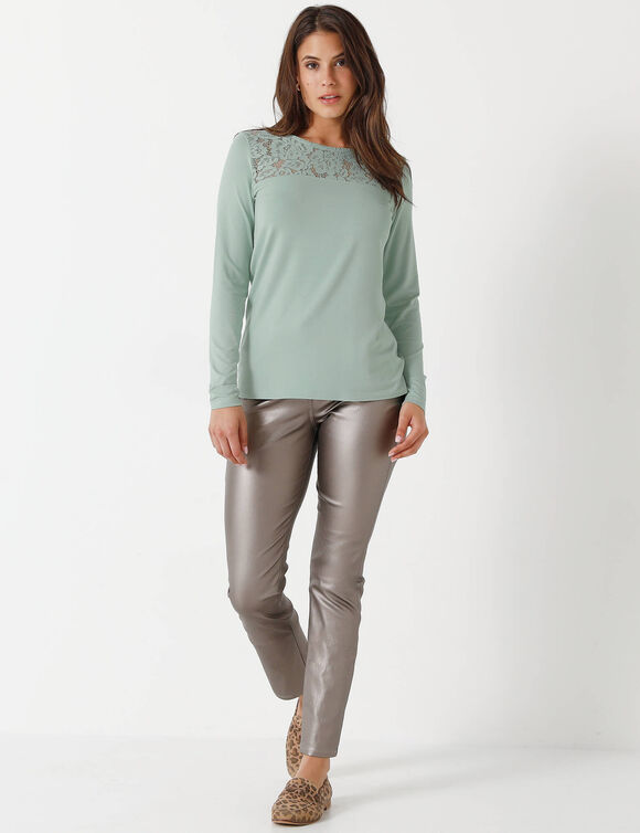 T-shirt col rond manches longues dentelle (vert amande)