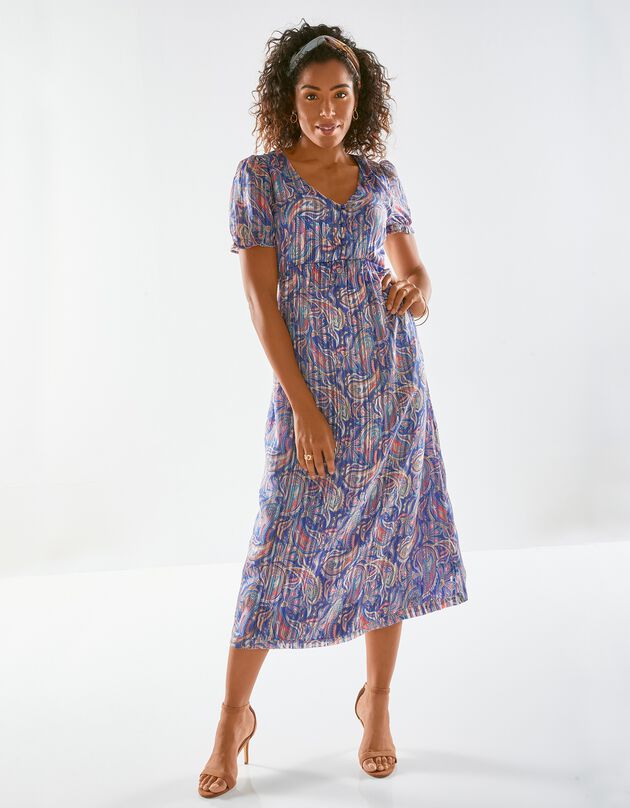 Lange jurk met kasjmierprint, voile en glanzende draad (blauw / roze)