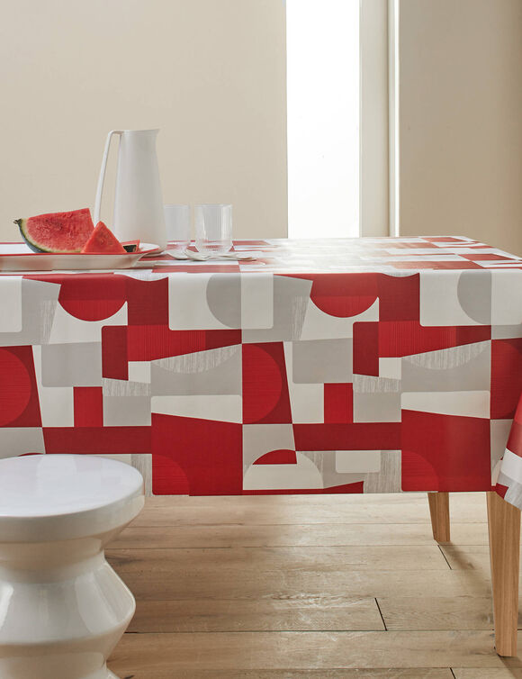 Tafellaken in toile cirée met duo patchwork print (grijs / rood)