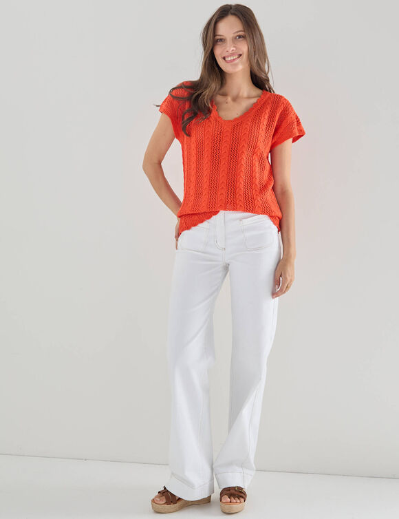 Pull col V manches courtes, maille ajour&eacute;e (orange)