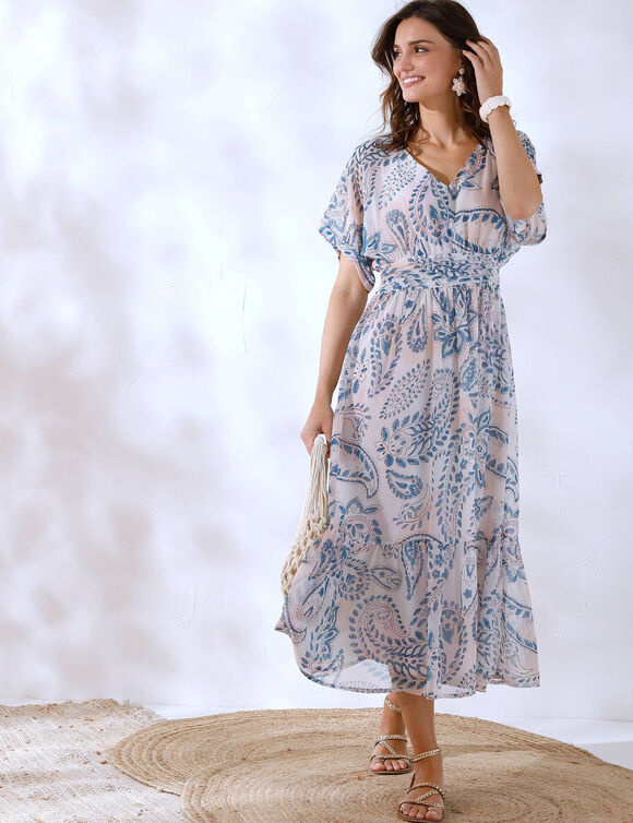 Robe col V, voile imprimé (écru / bleu)